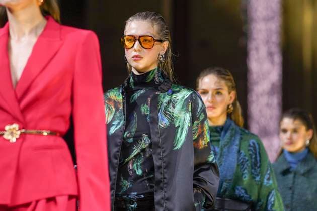 Models on the catwalk at the Marc Cain fashion show on January 31, 2024 at Kraftwerk Berlin in Berlin Berlin Germany