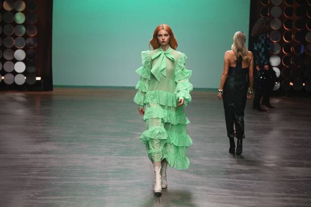 Berlin Fashion Week: Collective Four - Marcel Ostertag Autum Winter 2025 Berlin: The designer Marcel Ostertag presents his AUTUMN WINTER 2025 collection. The photo shows models on the catwalk with the new collection Berlin Berlin district of Friedrichshain Germany Copyright: SimonexKuhlmey