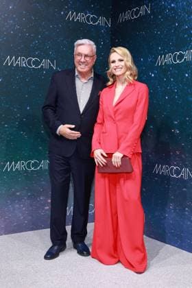 31 01 2025, Helmut Schlotterer and Michelle Hunziker at the Marc Cain Fashion Show Parallel Universe for Berlin Fashion Week 2025, Kraftwerk Berlin, Berlin, Berlin Germany