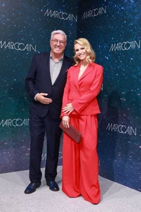 31 01 2025, Helmut Schlotterer and Michelle Hunziker at the Marc Cain Fashion Show Parallel Universe for Berlin Fashion Week 2025, Kraftwerk Berlin, Berlin, Berlin Germany
