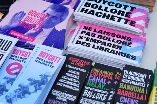 February 1, 2025, Lyon, Rhone, France: Posters are seen layed out during the demonstration against businessman Vincent Bollore. Demonstration was held against French businessman Vincent BollorÃ in Lyon. Lyon France - ZUMAs197 20250201_aaa_s197_404 Copyright: xRomainxDoucelinx