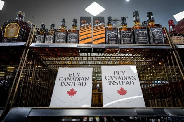 February 2, 2025, Vancouver, Bc, CANADA: A sign is placed in front of the American whiskey section at a B.C. Liquor Store before top selling American made products are to be removed from shelves as a demonstration for media in Vancouver, B.C., Sunday, Feb. 2, 2025. Vancouver CANADA  - ZUMAc35_ 20250202_zaf_c35_113 Copyright: xEthanxCairnsx