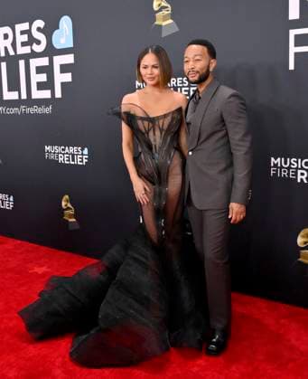 Chrissy Teigen and John Legend arrive for the 67th Annual Grammy Awards at Crypto.com Arena in Los Angeles on February 2, 2025. The awards ceremony will honor the best recordings, compositions, and artists from September 16, 2023, to August 30. 2024, as chosen by the members of the Recording Academy.  LAP20250202260 JIMxRUYMEN