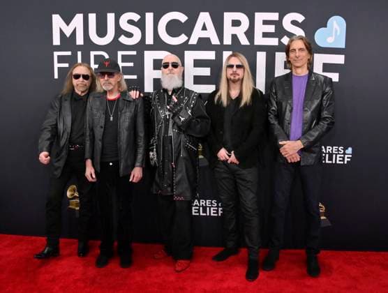 (L-R) Ian Hill, Glenn Tipton, Richie Faulkner Rob Halford and Scott Travis of Judas Priest arrive for the 67th Annual Grammy Awards at Crypto.com Arena in Los Angeles on February 2, 2025. The awards ceremony will honor the best recordings, compositions, and artists from September 16, 2023, to August 30. 2024, as chosen by the members of the Recording Academy.  LAP20250202343 JIMxRUYMEN