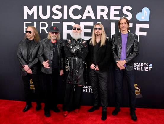 (L-R) Ian Hill, Glenn Tipton, Richie Faulkner Rob Halford and Scott Travis of Judas Priest arrive for the 67th Annual Grammy Awards at Crypto.com Arena in Los Angeles on February 2, 2025. The awards ceremony will honor the best recordings, compositions, and artists from September 16, 2023, to August 30. 2024, as chosen by the members of the Recording Academy.  LAP20250202344 JIMxRUYMEN