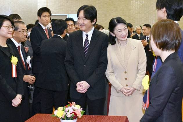 Japanese crown prince at award ceremony Japanese Crown Prince Fumihito and Crown Princess Kiko meet winners of the Japan Society for the Promotion of Science prize and the Japan Academy Medal following an award ceremony in Tokyo on Feb. 4, 2025. (Pool photo)  A14AA0004094509P