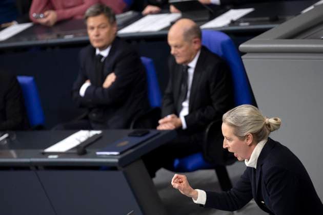 Alice Weidel, Olaf Scholz - Bundestag DEU, Deutschland, Germany, Berlin, 29.01.2025 Rede von Alice Weidel , Co-Vorsitzende der AfD Alternative fuer Deutschland, vor Regierungsbank mit Olaf Scholz , Bundeskanzler der Bundesrepublik Deutschland SPD und Robert Habeck , Bundesminister fuer Wirtschaft und Klimaschutz, Vizekanzler, Buendnis 90 Die Gruenen waehrend der Debatte in einer Sitzung des Deutschen Bundestages ueber eine Regierungserklaerung zu innenpolitischen Fragen im Bundestag 29. Januar 2025 im Deutschen Bundestag in Berlin Deutschland . Merz schlägt ein neues Gesetz vor, das darauf abzielt, die Einwanderungskontrollen zu verschärfen und die Sicherheit zu erhöhen, nachdem kürzlich in Aschaffenburg zwei Menschen durch einen Einwan