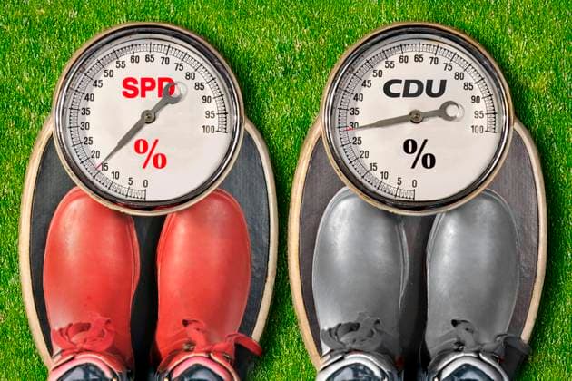 Aktuelle Wahlumfragen für SPD und CDU, Symbolfoto, mögliche GroKo nach der Wahl, Februar 2025 Deutschland, 6. Februar 2025, zwei Personenwaagen als Symbol für aktuelle Wahlumfragen für SPD und CDU, aktuell liegt die SPD bei ca. 16 und die CDU bei ca. 29 Prozent, Große Koalition nach der Bundestagswahl möglich, Neuauflage der GroKo, Fotomontage, Bundestagswahlen am 23. Februar 2025, Meinungsumfragen, Wahlkampf, Politik, *** Current election polls for SPD and CDU, symbolic photo, possible grand coalition after the election, February 2025 Germany, February 6, 2025, two bathroom scales as a symbol for current election polls for SPD and CDU, currently the SPD is at about 16 and the CDU at about 29 percent, grand coalition possible after t