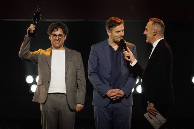 Best Screenplay Fiction Series for Jelle De Beule and Floris Schillebeeckx for Nonkels (Season 2) and Vrt Journalist Xavier Taveirne pictured at the award ceremony of the Ensors Flemish film prizes, as part of the Ostend Film Festival (17th edition) (31 01-08 02), Friday 07 February 2025, in Oostende.  KURTxDESPLENTER 111939964