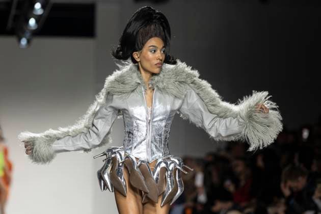 Christian Cowan runway show during New York Fashion Week Fall Winter 2025 Model walks runway during Christian Cowan show at New York Fashion Week Fall Winter 2025 at Glasshouse in New York. New collection by designer Cowan was inspired and is tribute to Abbie McLaughlin who passed away in 2024. New York New York United States Copyright: LevxRadin