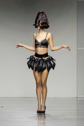 Christian Cowan runway show during New York Fashion Week Fall Winter 2025 Model walks runway during Christian Cowan show at New York Fashion Week Fall Winter 2025 at Glasshouse in New York. New collection by designer Cowan was inspired and is tribute to Abbie McLaughlin who passed away in 2024. New York New York United States Copyright: LevxRadin