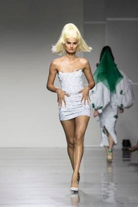 Christian Cowan runway show during New York Fashion Week Fall Winter 2025 Model walks runway during Christian Cowan show at New York Fashion Week Fall Winter 2025 at Glasshouse in New York. New collection by designer Cowan was inspired and is tribute to Abbie McLaughlin who passed away in 2024. New York New York United States Copyright: LevxRadin