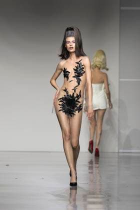 Christian Cowan runway show during New York Fashion Week Fall Winter 2025 Model walks runway during Christian Cowan show at New York Fashion Week Fall Winter 2025 at Glasshouse in New York. New collection by designer Cowan was inspired and is tribute to Abbie McLaughlin who passed away in 2024. New York New York United States Copyright: LevxRadin