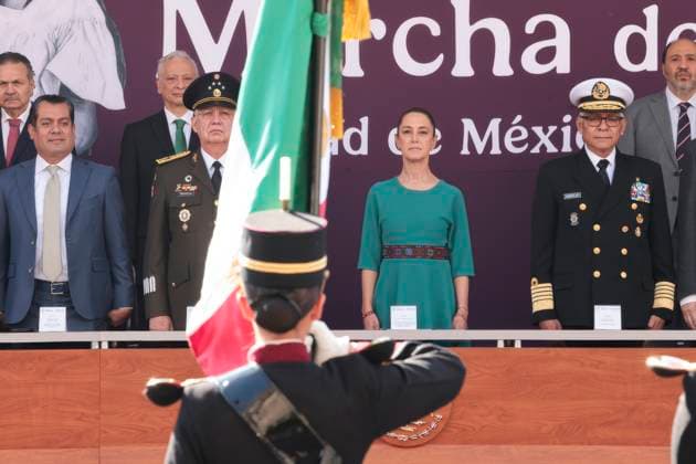 February 9, 2025, Mexico City, Df, Mexico: Mexican President Claudia Sheinbaum, stands during the annual Commemoration of the March of Loyalty at Chapultepec Castle, February 9, 2025 in Mexico City, DF, Mexico. The event marks the day in 1847 when cadets jumped to their death rather than surrender to the conquering U.S Army. Mexico City Mexico - ZUMAp138 20250209_zaa_p138_001 Copyright: xJuanxCarlosxRamosxMamahua Mexicax