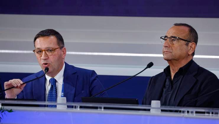 February 10, 2025, Sanremo, ITALY: Sanremo Festival host and artistic director Carlo Conti (R) and Rai Tv Prime Time Entertainment Director Marcello Ciannamea, during a press conference at the 75th Sanremo Italian Song Festival, Sanremo, Italy, 10 February 2025. The music festival runs from 11 to 15 February 2025. ANSA FABIO FRUSTACI Sanremo ITALY  - ZUMAa110 20250210_zaf_a110_052 Copyright: xFabioxFrustacix