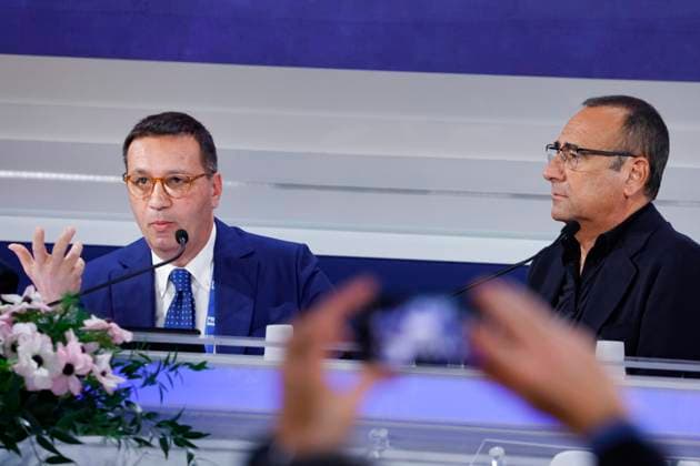 February 10, 2025, Sanremo, ITALY: Sanremo Festival host and artistic director Carlo Conti (R) and Rai Tv Prime Time Entertainment Director Marcello Ciannamea, during a press conference at the 75th Sanremo Italian Song Festival, Sanremo, Italy, 10 February 2025. The music festival runs from 11 to 15 February 2025. ANSA FABIO FRUSTACI Sanremo ITALY  - ZUMAa110 20250210_zaf_a110_054 Copyright: xFabioxFrustacix