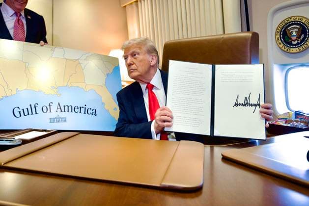 RECORD DATE NOT STATED 267090.jpg U.S President Donald Trump signed a proclamation on Sunday February 9, 2025 and declaring it as Gulf of America Day as he flew over the body of water that he ordered to be renamed from the Gulf of Mexico. Trump was on his way to New Orleans to attend the Super Bowl, he told reporters as he signed the proclamation that he hasn EDITORIAL USE ONLY  Copyright: xx 267090 x eyepress125540