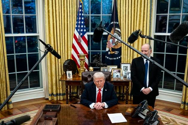 February 10, 2025, Washington, District Of Columbia, USA: US President Donald Trump, while joined by Howard Lutnick, chief executive officer of Cantor Fitzgerald LP and US commerce secretary nominee for US President Donald Trump, right, during an executive order signing in the Oval Office of the White House in Washington, DC, US, on Monday, Feb. 10, 2025. Trump ordered a 25% tariff on steel and aluminum imports, escalating his efforts to protect politically important US industries with levies hitting some of the country s closest allies Washington USA - ZUMAs152 20250210_faa_s152_038 Copyright: xAlxDragox-xPoolxviaxCNPx