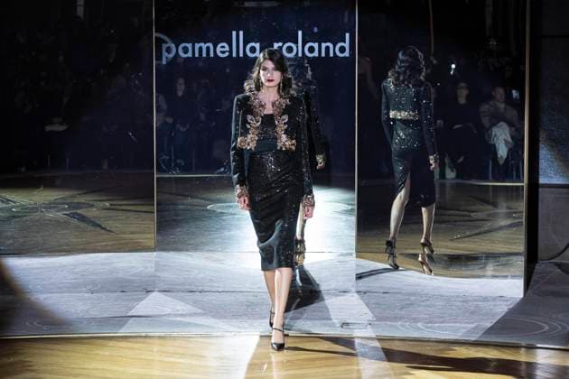 February 10, 2025, New York, New York, USA: A model walks runway for Pamella Roland runway show during New York Fashion Week Fall Winter 2025 at Rainbow Room at Rockefeller Center in New York on February 10, 2025 New York USA - ZUMAr339 20250210_znp_r339_061 Copyright: xLevxRadinx