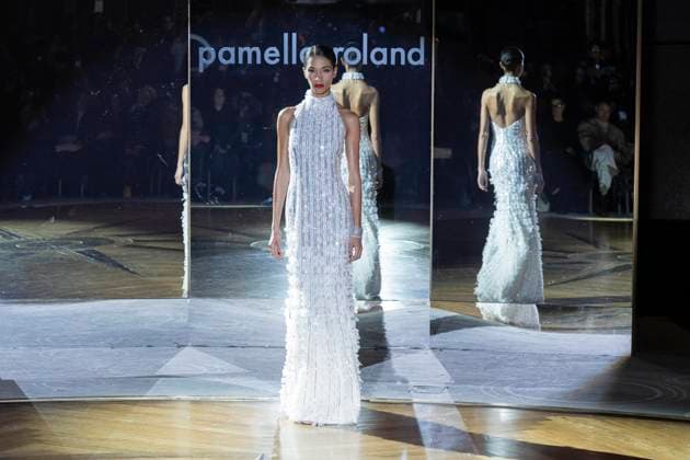 February 10, 2025, New York, New York, USA: A model walks runway for Pamella Roland runway show during New York Fashion Week Fall Winter 2025 at Rainbow Room at Rockefeller Center in New York on February 10, 2025 New York USA - ZUMAr339 20250210_znp_r339_091 Copyright: xLevxRadinx
