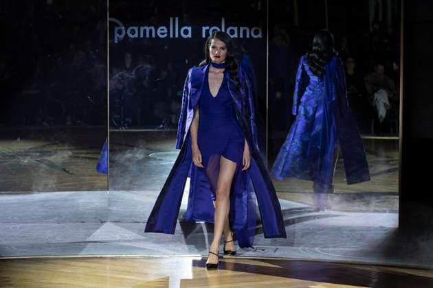 February 10, 2025, New York, New York, USA: A model walks runway for Pamella Roland runway show during New York Fashion Week Fall Winter 2025 at Rainbow Room at Rockefeller Center in New York on February 10, 2025 New York USA - ZUMAr339 20250210_znp_r339_024 Copyright: xLevxRadinx