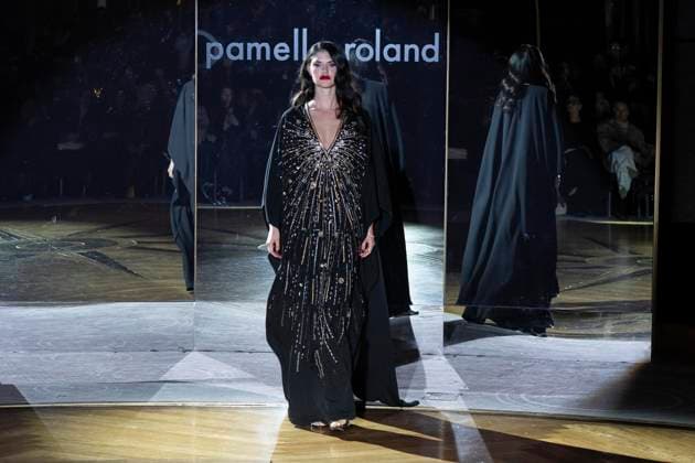 February 10, 2025, New York, New York, USA: A model walks runway for Pamella Roland runway show during New York Fashion Week Fall Winter 2025 at Rainbow Room at Rockefeller Center in New York on February 10, 2025 New York USA - ZUMAr339 20250210_znp_r339_064 Copyright: xLevxRadinx