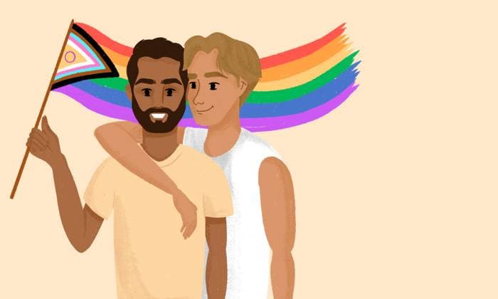 A joyful illustration of a couple embracing, holding a pride flag symbolizing love and diversity. The colorful background accentuates their connection and unity. Model Released ZamaStudio_ID26405_761618_016 Copyright: xZamaxStudiox RECORD DATE NOT STATED