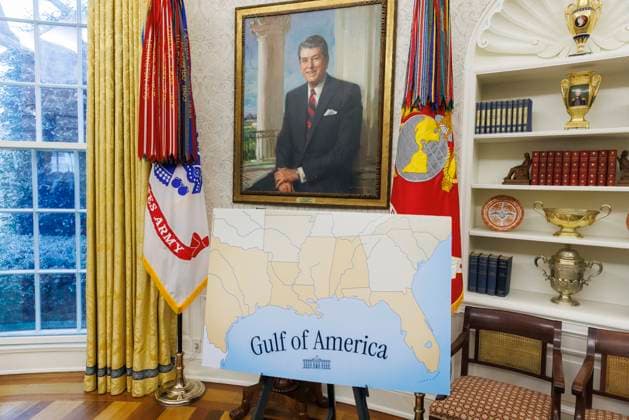 A Gulf of America poster is seen in the Oval Office of the White House in Washington DC on Tuesday, February 11, 2025. Copyright: xCNPx xMediaPunchx