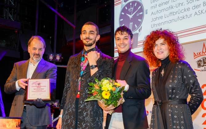 Leonard Burkhardt award winner , Martina Dold ASKANIA , Nabil Zebdji laudator at the 17th ASKANIA Award ceremony at Quatsch Comedy Club Berlin