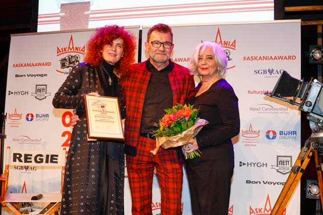 Martina Dold ASKANIA , Matthias Freihof award winner , Christiane Sadlo laudator at the 17th ASKANIA Award ceremony at Quatsch Comedy Club Berlin