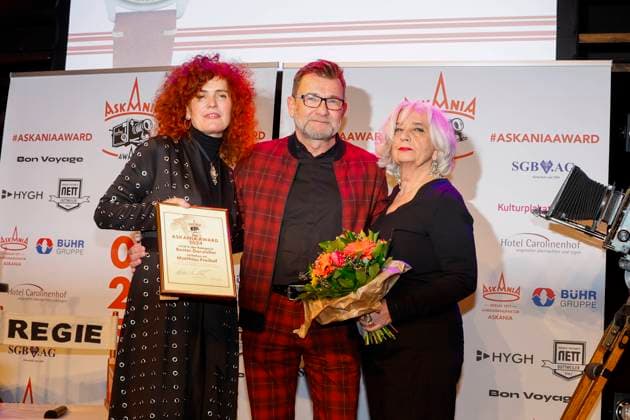 Martina Dold ASKANIA , Matthias Freihof award winner , Christiane Sadlo laudator at the 17th ASKANIA Award ceremony at Quatsch Comedy Club Berlin