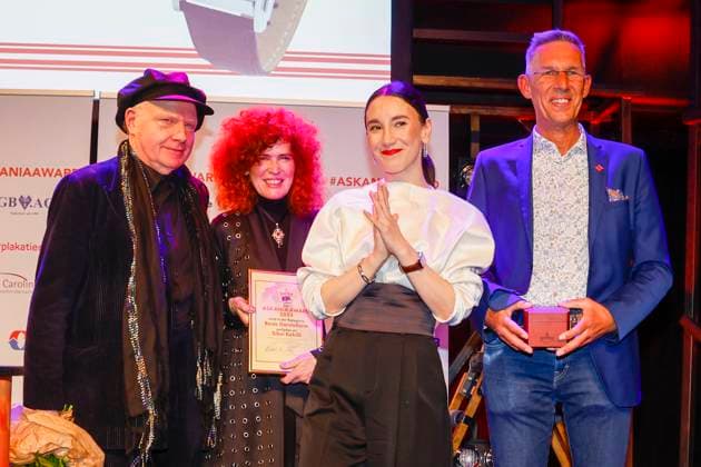 Herrmann Vaske laudator , Martina Dold ASKANIA Sibel Kekilli award winner , Timo Gloxin ASKANIA at the 17th ASKANIA Award ceremony at the Quatsch Comedy Club Berlin