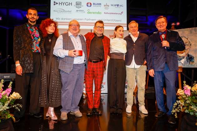 Leonard Burkhardt Award winner, Martina Dold, Jacki Schwarz, Matthias Freihof, Sibel Kekilli, Nico Hofmann, Ulli Zelle at the 17th ASKANIA Award ceremony at the Quatsch Comedy Club Berlin