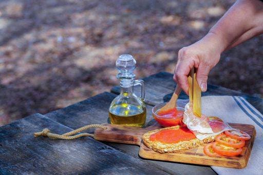 An acorn-fed typical Spanish toast of bread with tomato, olive oil and ham for picnic 21190497 RECORD DATE NOT STATED