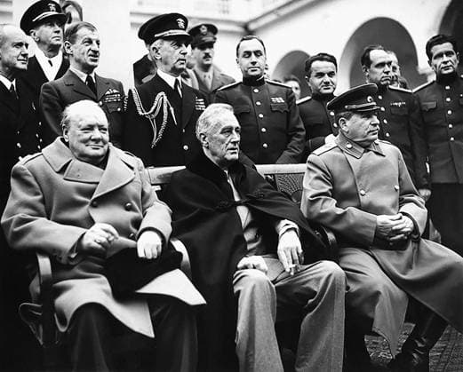 February 9, 1945, Yalta, Ukraine: British Prime Minister Winston Churchill, U.S. President Franklin D. Roosevelt and Soviet General Secretary Josef Stalin at Yalta Conference, Livadia Palace, Yalta, USSR Yalta Ukraine  - ZUMAg145 19450209_aza_g145_001 Copyright: xJTxVintagex