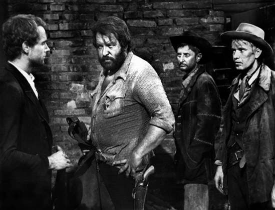 June 1, 1970, USA: Terence Hill (left,) Bud Spencer (2nd left), Ezio Marano (2nd right), on-set of the Italian spaghetti western film, They Call Me Trinity , Italian: Lo chiamavano Trinito , Delta, 1970, AVCO Embassy Pictures, 1971 USA  - ZUMAg145 19700601_aza_g145_007 Copyright: xJTxVintagex