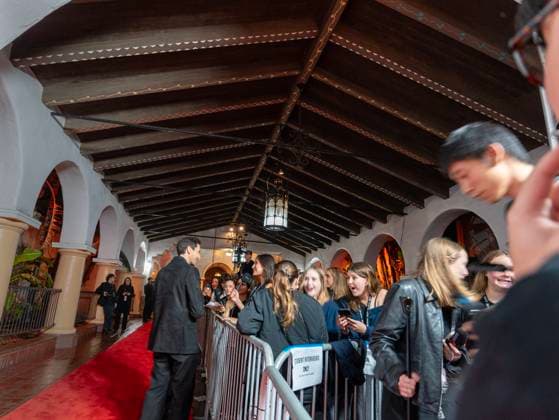 February 13, 2025, Santa Barbara, California, USA: Student interviewers react after interviewing Adrien Brody, left, as he arrives at the red carpet Thursday night to receive the Cinema Vanguard Award at the 40th annual Santa Barbara International Film Festival. Spotlighting their performances in Brady Corbetâ€⠢s THE BRUTALIST, Brodyâ€⠢s portrayal of Toth highlights an immigrantâ€⠢s struggle to overcome his war-torn past and rebuild his life in a Post-War America. Pearce, in contrast, delivers a chilling, domineering performance as a wealthy art patron whose vision of American modernity collides with Tothâ€⠢s. The tension between the two not only drives the narrative but also symbolizes the larger struggle between innova - ZUMAa35_ 20250213_zaf_a35_025 Copyright: xDanielxA.xAndersonx