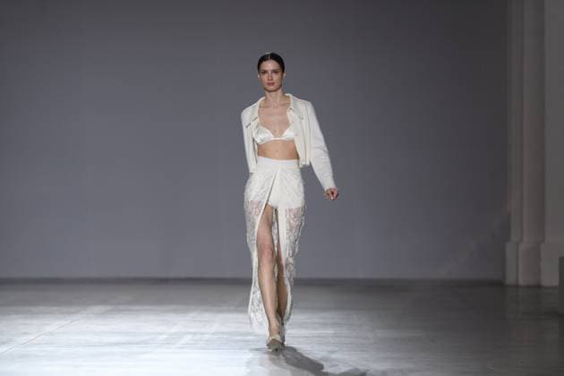 KYIV, UKRAINE - FEBRUARY 14, 2025 - A model walks the catwalk at the CHUPRINA fashion show during the Ukrainian Fashion Week FW25-26 at the Mystetskyi Arsenal National Art and Culture Museum Complex, Kyiv, capital of Ukraine. (Photo by Kirill Chubotin Ukrinform) CHUPRINA catwalk show at Ukrainian Fashion Week FW25-26  Copyright: xKirillxChubotinx