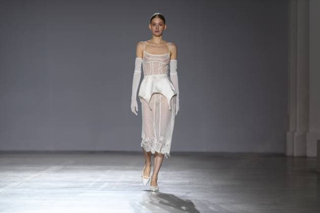KYIV, UKRAINE - FEBRUARY 14, 2025 - A model walks the catwalk at the CHUPRINA fashion show during the Ukrainian Fashion Week FW25-26 at the Mystetskyi Arsenal National Art and Culture Museum Complex, Kyiv, capital of Ukraine. (Photo by Kirill Chubotin Ukrinform) CHUPRINA catwalk show at Ukrainian Fashion Week FW25-26  Copyright: xKirillxChubotinx