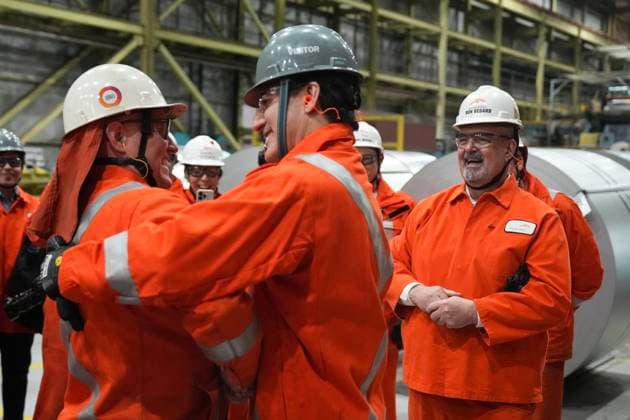 February 14, 2025, Hamilton, On, CAN: Prime Minister Justin Trudeau greets a steelworker as he visits the ArcelorMittal Dofasco Steel Plant in Hamilton, on Friday, February 14, 2025. Hamilton CAN  - ZUMAc35_ 20250214_zaf_c35_050 Copyright: xChrisxYoungx