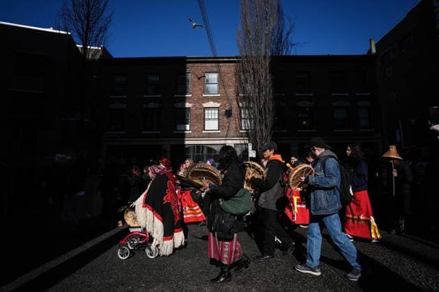 February 14, 2025, Vancouver, Bc, CANADA: People participate in the annual Women s Memorial March, in Vancouver, on Friday, February 14, 2025. The march is held to honour missing and murdered Indigenous women and girls from the community with stops along the way to commemorate where women were last seen or found. Vancouver CANADA  - ZUMAc35_ 20250214_zaf_c35_100 Copyright: xDarrylxDyckx