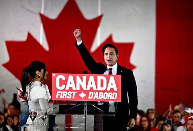 February 15, 2025, Ottawa, On, CAN: Conservative Leader Pierre Poilievre raises his fist as he concludes his remarks at his Canada First rally in Ottawa, on Saturday, Feb. 15, 2025. Ottawa CAN  - ZUMAc35_ 20250215_zaf_c35_103 Copyright: xJustinxTangx