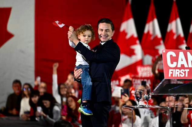 February 15, 2025, Ottawa, On, CAN: Conservative Leader Pierre Poilievre helps his son Cruz wave a Canada flag after speaking at his Canada First rally in Ottawa, on Saturday, Feb. 15, 2025. Ottawa CAN  - ZUMAc35_ 20250215_zaf_c35_105 Copyright: xJustinxTangx