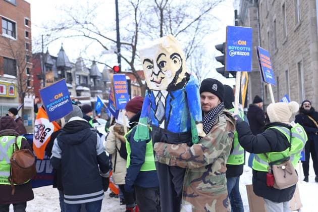 Persons taking part during a demonstration to protest against the mass layoffs of more than 2,000 workers as a result of the closure of seven Amazon warehouses in the province of Quebec, Canada. The American multinational ceased its operations in Quebec due to a labor conflict, leaving thousands of workers unemployed. on February 15, 2025 in Montreal, Canada. Montreal Canada - ZUMAe321 20250215_zia_e321_003 Copyright: xHoracioxZamoraxRoÂ­osx