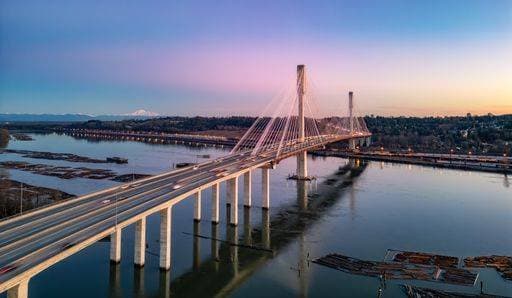 Port Mann Bridge across Fraser River. Sunset Sky. Vancouver, BC, Canada. 23272626 RECORD DATE NOT STATED