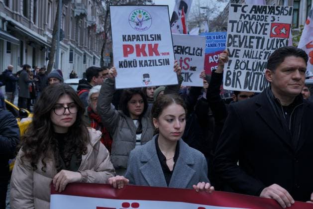 February 16, 2025, Besiktas, Istanbul, Turkey: A protester, hold banner reading People s Equality and Democracy Party (DEM) Party should be closed down, Kurdish Workers Party (PKK) should be rooted out. during a protest demonstration against Turkey s new Kurdish initiative process at Besiktas in Istanbul on February 16, 2025. Turkey s new Kurdish initiative process started with the call of Nationalist Movement Party (MHP) Chairman Devlet Bahceli to Kurdish Workers Party jailed leader (PKK) Abdullah Ocalan to disband the organization on 22Ã‚ OctoberÃ‚ 2024. Besiktas Turkey - ZUMAu194 20250216_zip_u194_005 Copyright: xTolgaxUluturkx