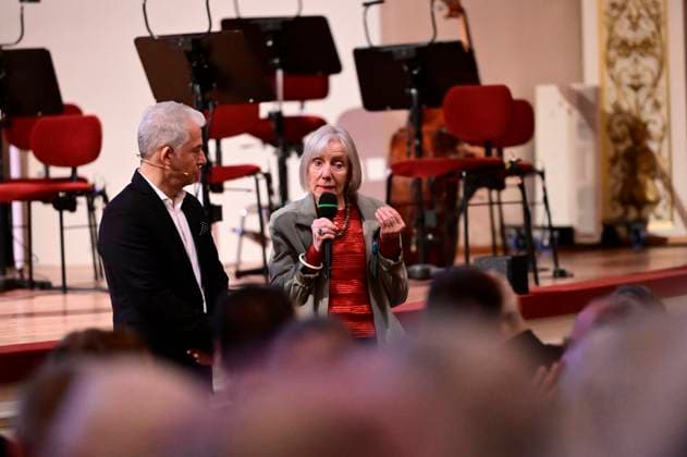 Peter Ufer and Rosmarie Wydler Wälti at the presentation of the Dresden 2025 International Peace Prize to the European Court of Human Rights ECHR at the Semperoper Dresden, 16 02 2025 Saxony Germany Copyright: xMatthiasxWehnertx