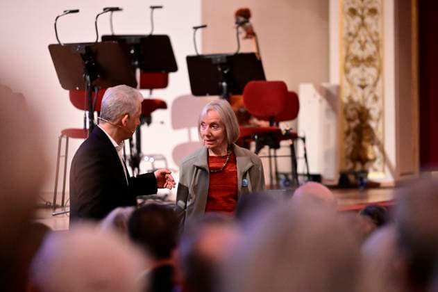 Peter Ufer and Rosmarie Wydler Wälti at the presentation of the Dresden 2025 International Peace Prize to the European Court of Human Rights ECHR at the Semperoper Dresden, 16 02 2025 Saxony Germany Copyright: xMatthiasxWehnertx