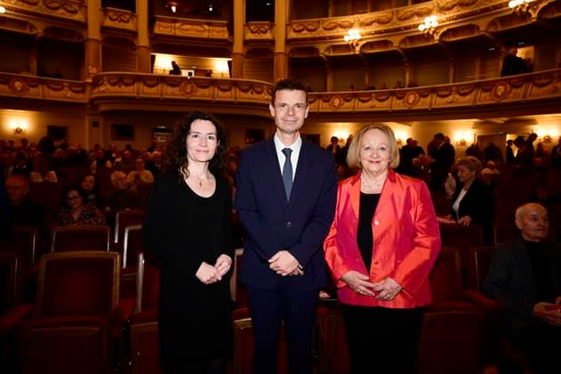 Constanze Geiert, Marko Bosnjak and Sabine Leutheusser Schnarrenberger at the award ceremony of the Dresden 2025 International Peace Prize to the European Court of Human Rights ECHR at the Semperoper Dresden, 16 02 2025 Saxony Germany Copyright: xMatthiasxWehnertx