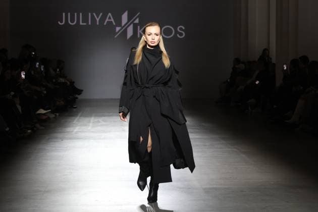 KYIV, UKRAINE - FEBRUARY 15, 2025 - A model walks the catwalk during the fashion show by the Juliya Kros brand as part of Ukrainian Fashion Week FW25-26 at the Mystetskyi Arsenal National Cultural, Art and Museum Complex, Kyiv, capital of Ukraine Juliya Kros fashion show at UFW in Kyiv  Copyright: xPavloxBahmutx